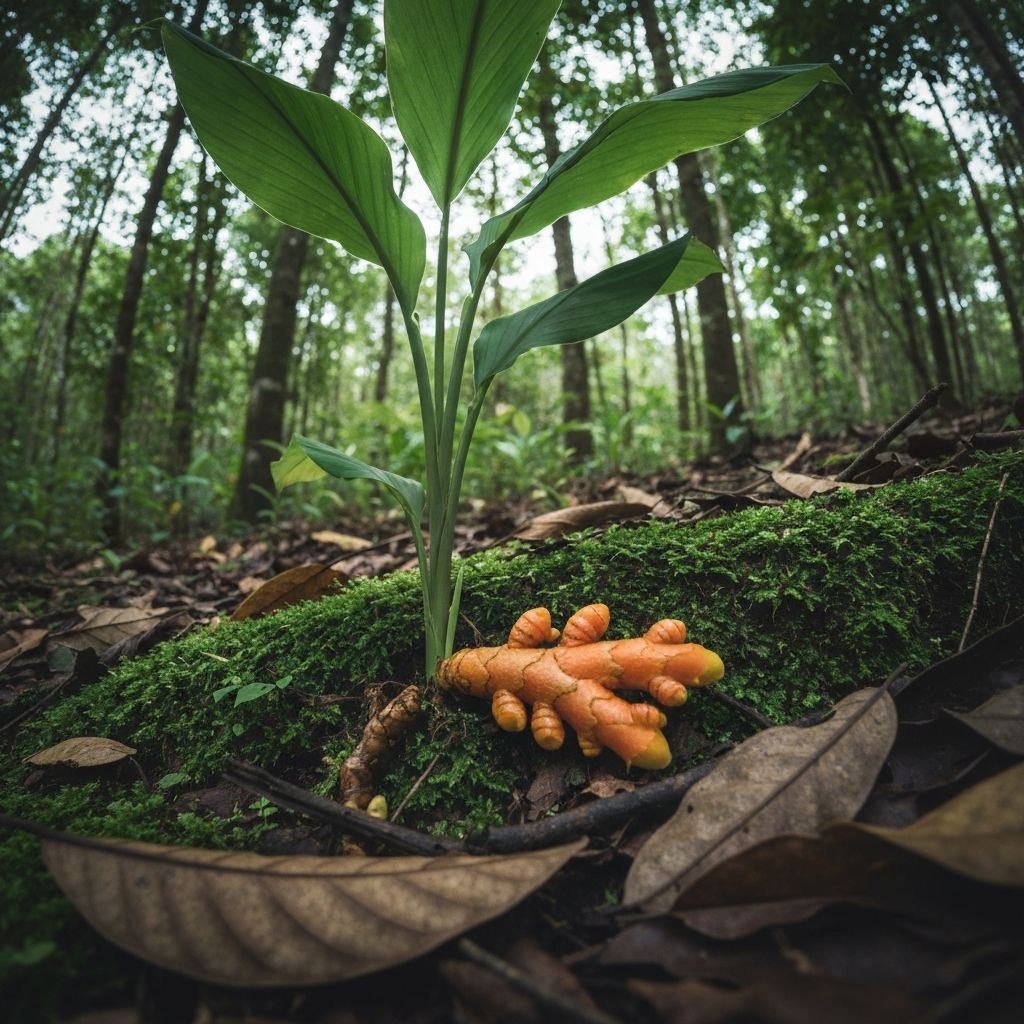 Turmeric root in forest setting